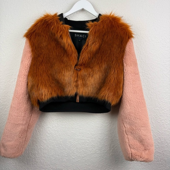 Shaci Blue Belfast Cropped Faux Fur Jacket Vegan Orangish Pink Zip Up Medium - Picture 3 of 13